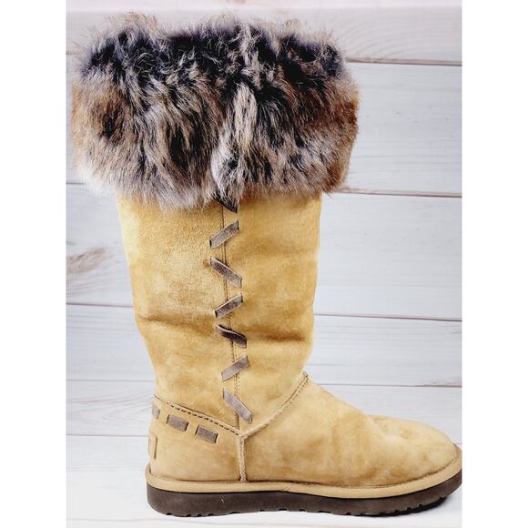 UGG Boots Australia Rosana Fur Cuff Style 1008044 Chestnut Wool Brown Boots Sz 7 - Picture 8 of 16